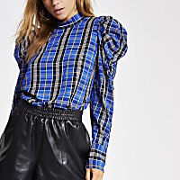 Blue check puff sleeve top