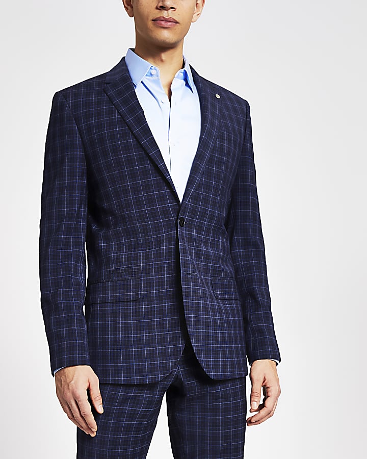 Blue check skinny suit jacket
