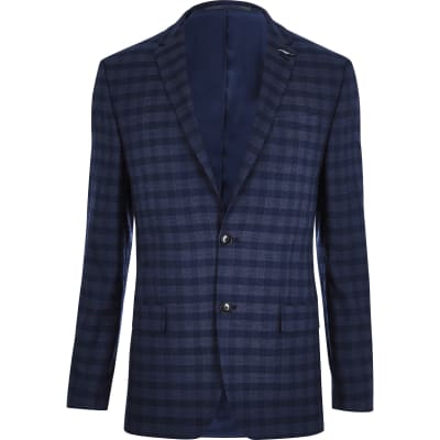 Blue check slim fit suit jacket