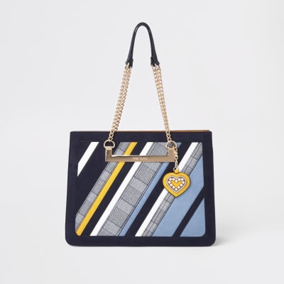 Blue check stripe chain handle tote bag