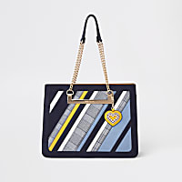 Blue check stripe chain handle tote bag