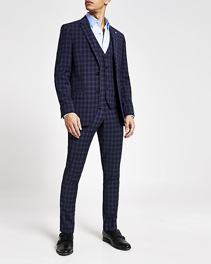 Blue check suit waistcoat