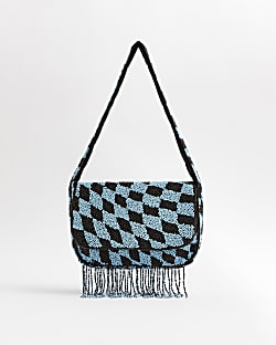 Blue checkerboard beaded shoulder bag
