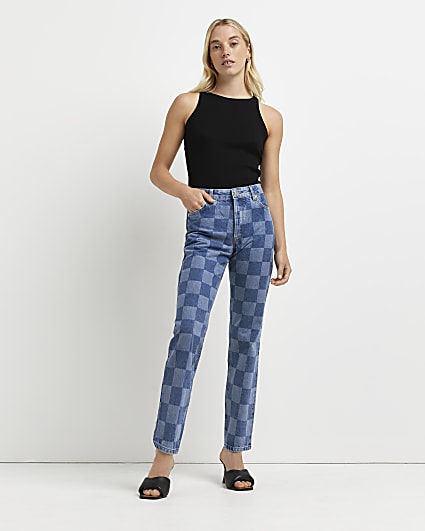Blue checkerboard high waisted straight jeans