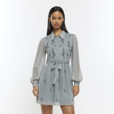 Blue chiffon embellished mini shirt dress | River Island