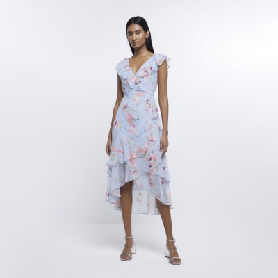 Blue chiffon floral frill wrap midi dress | River Island