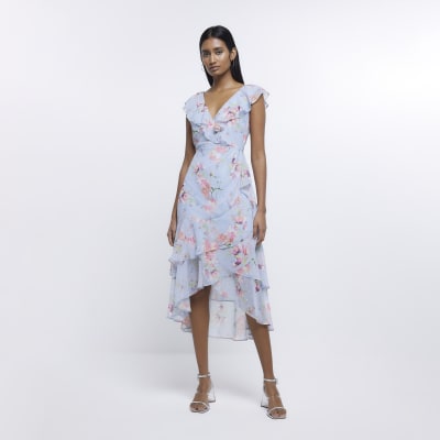 Blue chiffon floral frill wrap midi dress