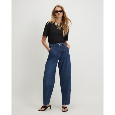 Blue Clean Waistband Barrel Leg Jeans