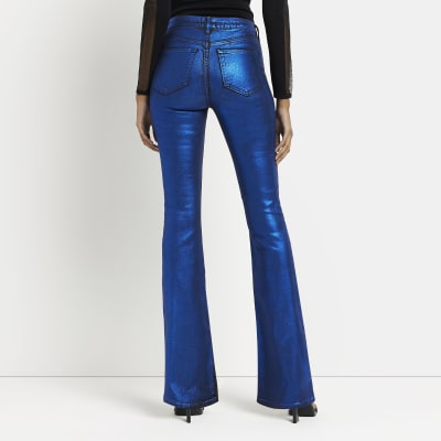 Blue coated high waisted flared jeans River Island
