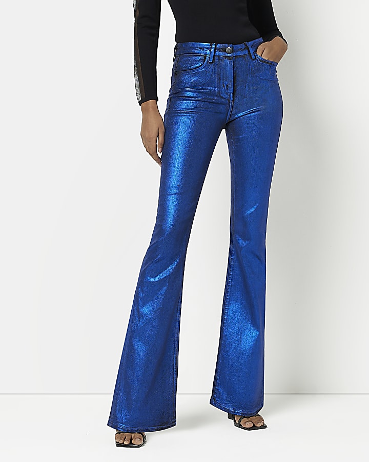 Blue coated high waisted flared jeans