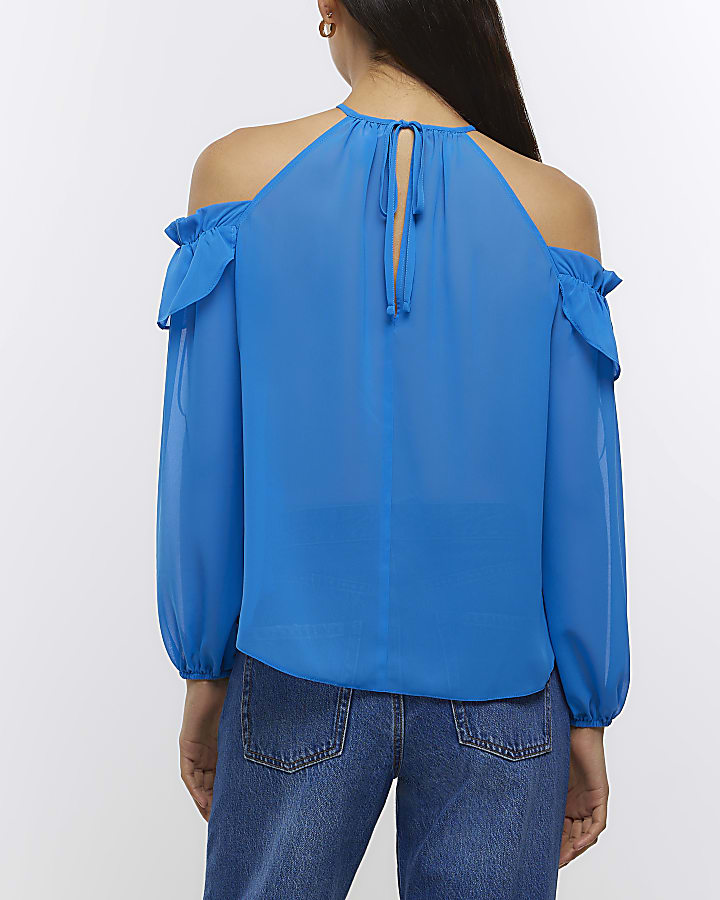 Blue cold shoulder corsage blouse