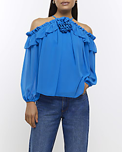 Blue cold shoulder corsage blouse