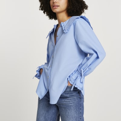 Blue collar frill tie cuff shirt