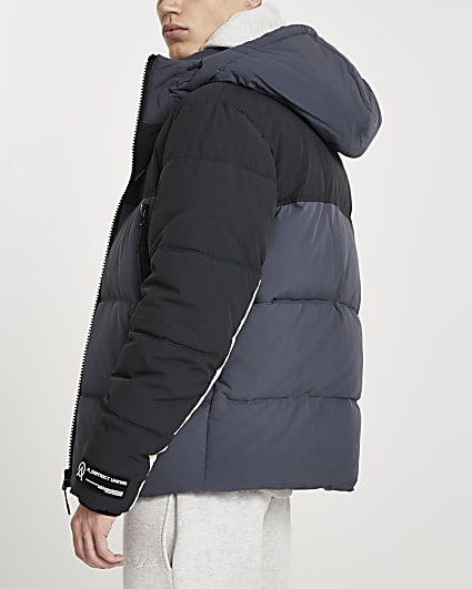 Blue colour block hooded puffer jacket