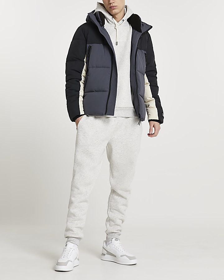 Blue colour block hooded puffer jacket