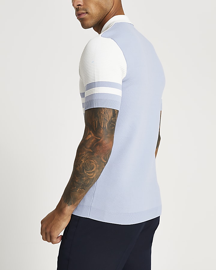 Blue colour block short sleeve polo shirt