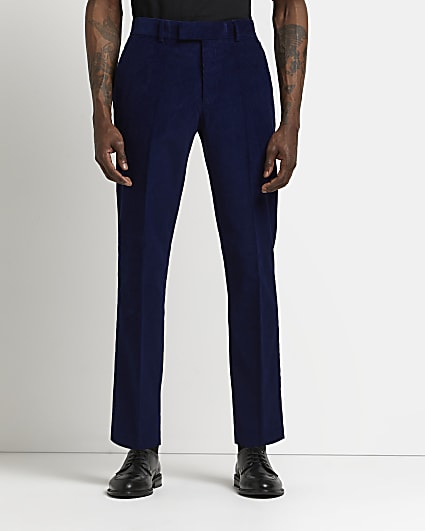 Blue corduroy slim fit suit trousers