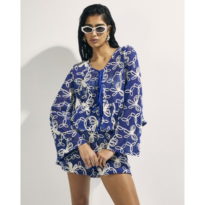 Blue Cornelli Tie front Beach Top