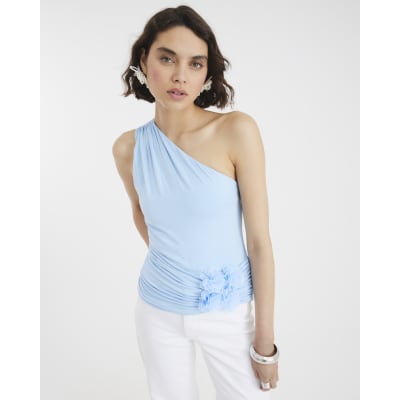 Blue Corsage Drape One Shoulder Tank Top