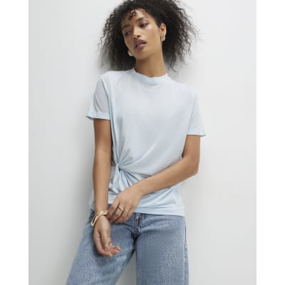 Blue Cotton Blend Burnout Twist Front T-shirt