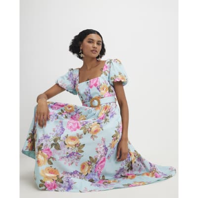 River Island Blue Cotton Blend Gathered Floral Midi Dress