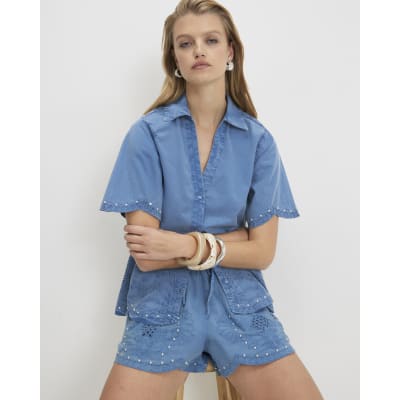 Blue Cotton Chambray Broderie Studded Shirt