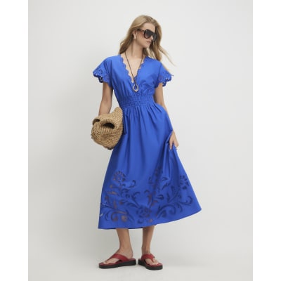 Blue Cotton Embroidered Midi Dress | River Island