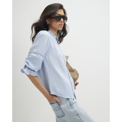 Cotton Frill Sleeve Pintuck Blouse