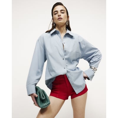 Blue Cotton Long Sleeve Cinched Back Shirt