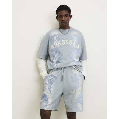 Blue Cotton Regular Fit Washed Snake Shorts