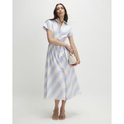 Blue Cotton Striped Midi Shirt Dress | River Island