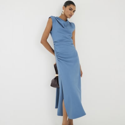 Blue Cowl Neck Sleeveless Midi Dress