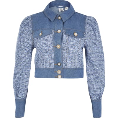 Blue cropped boucle mix denim jacket 