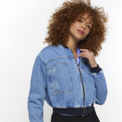 Blue cropped denim bomber jacket River Island