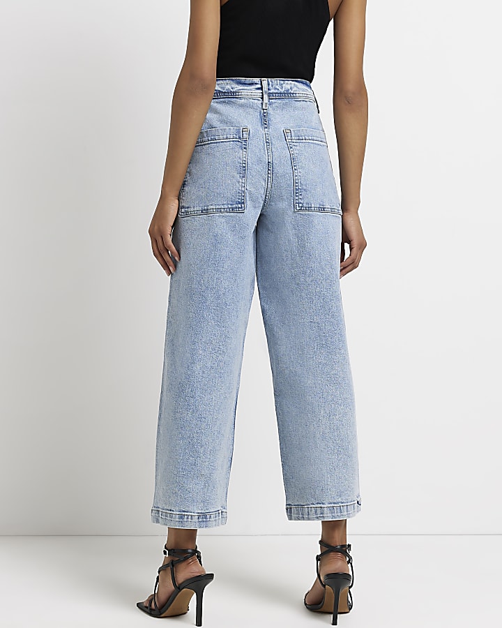 Blue cropped high waisted straight jeans