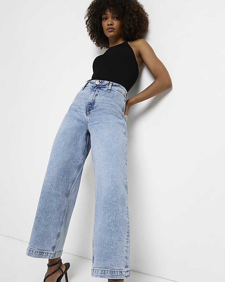 Blue cropped high waisted straight jeans