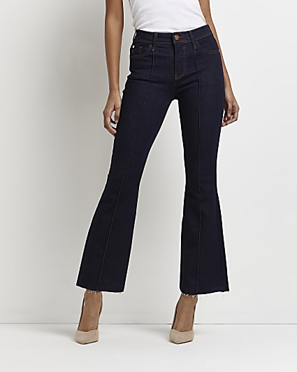 Blue cropped mid rise flared jeans