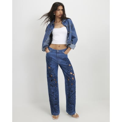 Blue Cut Out Floral Relaxed Straight Jeans