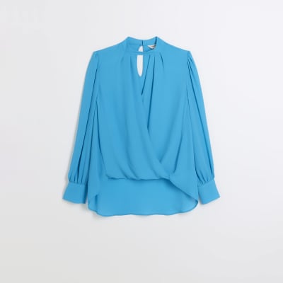 Blue cut out wrap blouse River Island