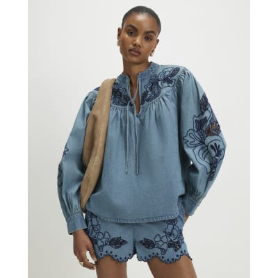 Blue Cutwork Embroidered Denim Blouse