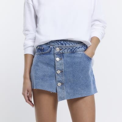 Blue denim asymmetric button front skort River Island