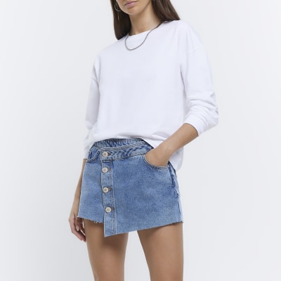 Blue denim asymmetric button front skort | River Island