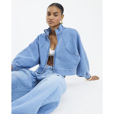 Blue Denim Batwing Sleeve Zip Through Jacket