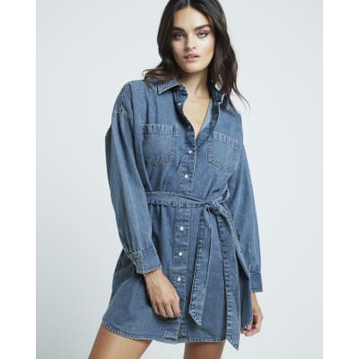 River island blue belted midi denim dress hotsell