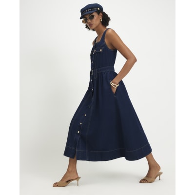 Denim Belted Pocket Longline Midi Dress