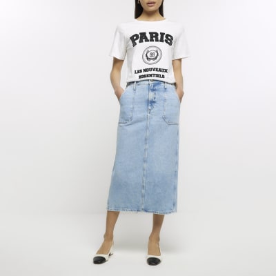 Blue denim cargo midi skirt | River Island