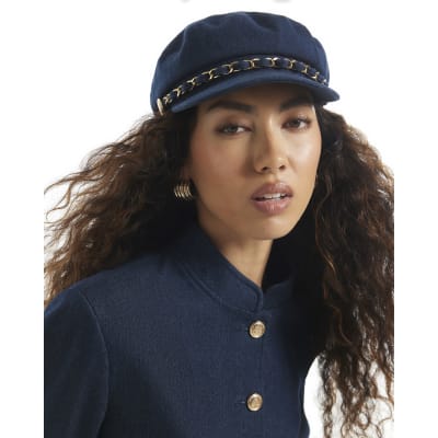 Blue Denim Chain Baker Boy Hat | River Island display picture 2