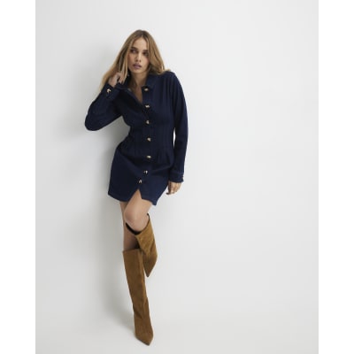 Blue Denim Cinched Waist Mini Dress