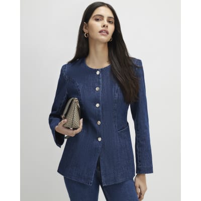 Blue Denim Collarless Trophy Jacket