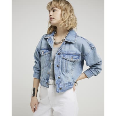 River Island Petite Cropped Denim Jacket in Yellow